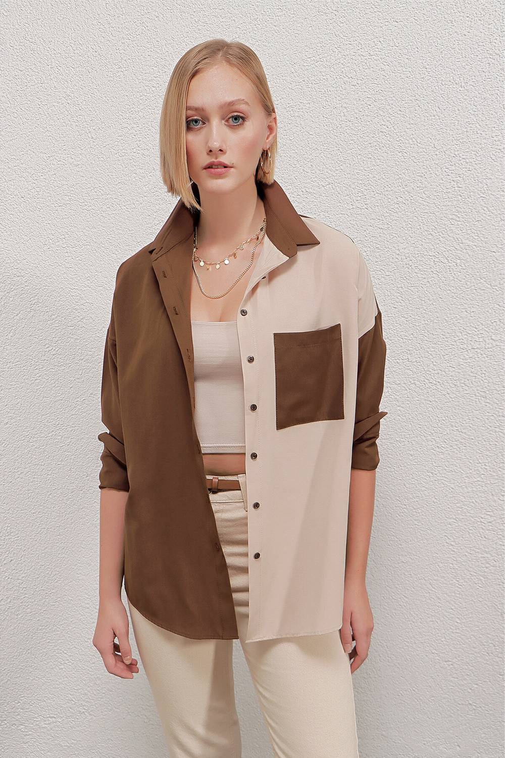 Kadın Kahverengi Krem Renk Bloklu  Poplin Basic Gömlek HZL22S-BD1201161