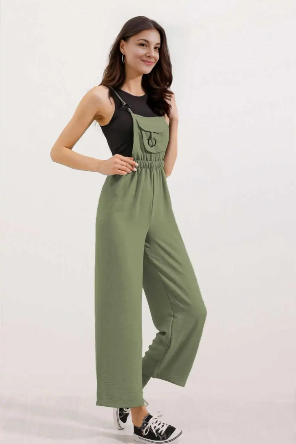 Kadın Haki Ayarlanabilir Askılı Önden Cepli Halka Detaylı Bol Paça Bahçıvan Tulum HZL24S-BD170231