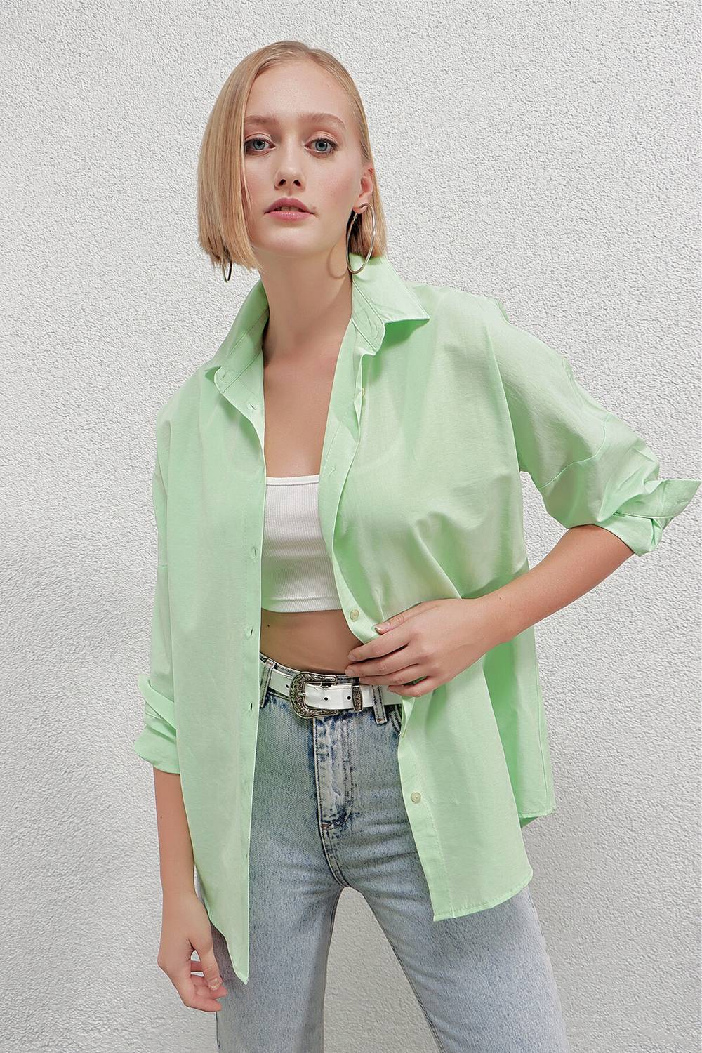 Women's Light Green Oversize Long Basic Shirt HZL22W-BD139001