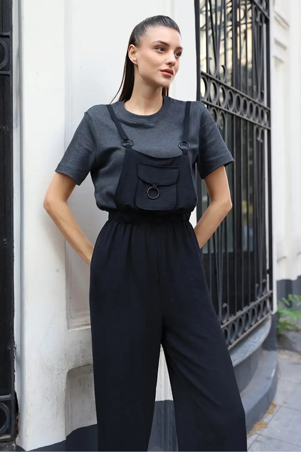 Women's Black Adjustable Strap Front Pocket Ring Detailed Wide Leg Gardener Overalls HZL24S-BD170231