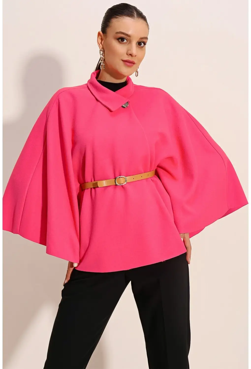 Women's Fuchsia Collar Collar Belt Detailed Stash Poncho HZL24W-BD191341