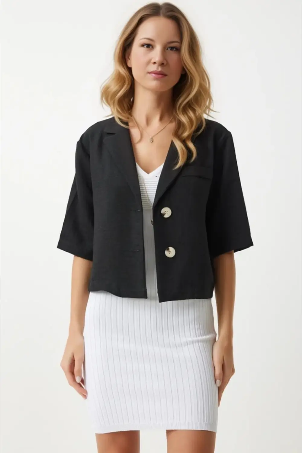 Женская черная короткос sleeve бомбер куртка с шалью, пуговицами, летний лен 70% вискозы, 30% льна, размер 36, длина 52 см, без подкладки