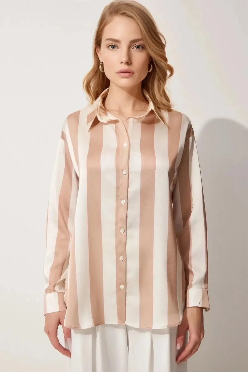 Women's Cream Striped Satin Shirt HZL23S-BD1201731