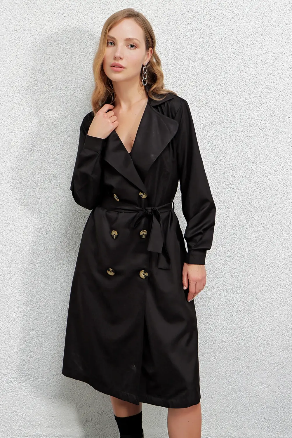 Women's Black Double Breasted Collar Belted Unlined Seasonal Casual Trench Coat HZL22S-BD158531