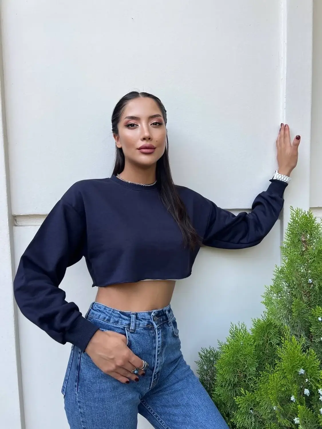 Women’s Navy Blue Basic Crew Neck Long Sleeve Crop Sweatshirt, 95% Cotton, 5% Lycra, Drop Shoulder, Fitted Neckline and Cuffs, Made in Turkey