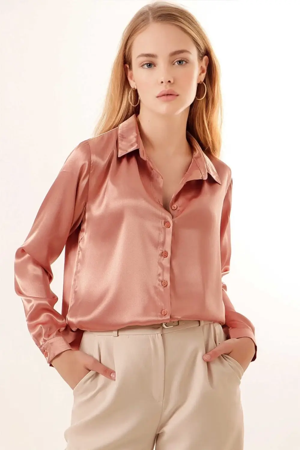 Women's Cinnamon Lightly Flowing Satin Surface Shirt HZL22W-BD139641