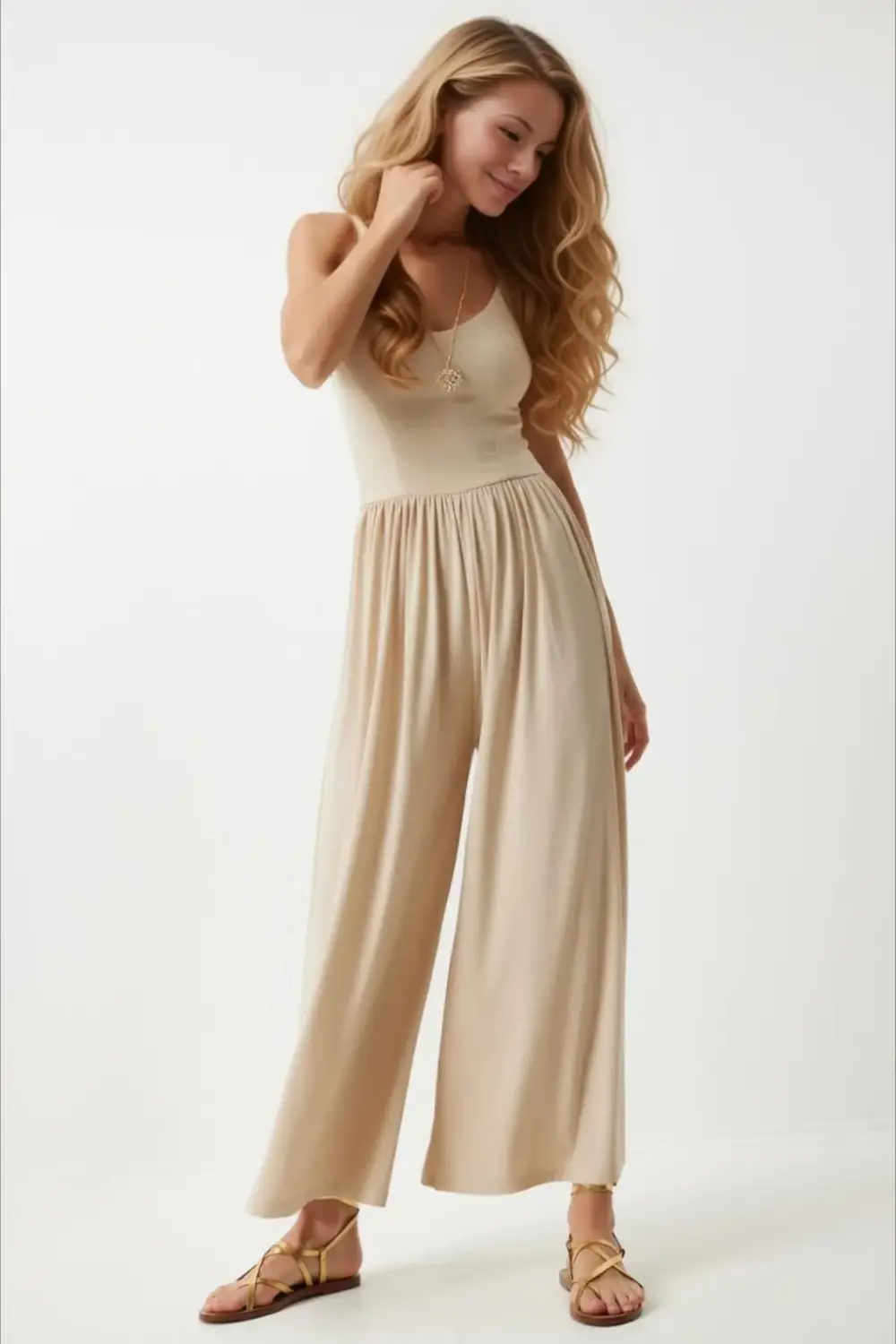 Kadın Krem Ayarlanabilir Askılı Beli Lastikli Bol Paça Yazlık Örme Tulum HZL24S-BD170291