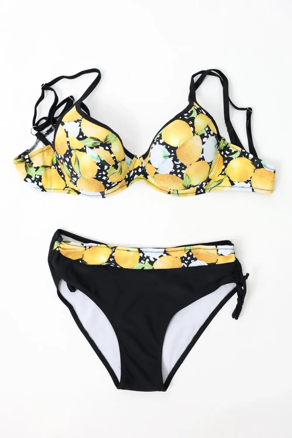 Жіночий жовто-чорний купальник з малюнком на шнурках, високою талією, 2 частини, підтримка грудей відсутня, 82% нейлон, 18% еластан