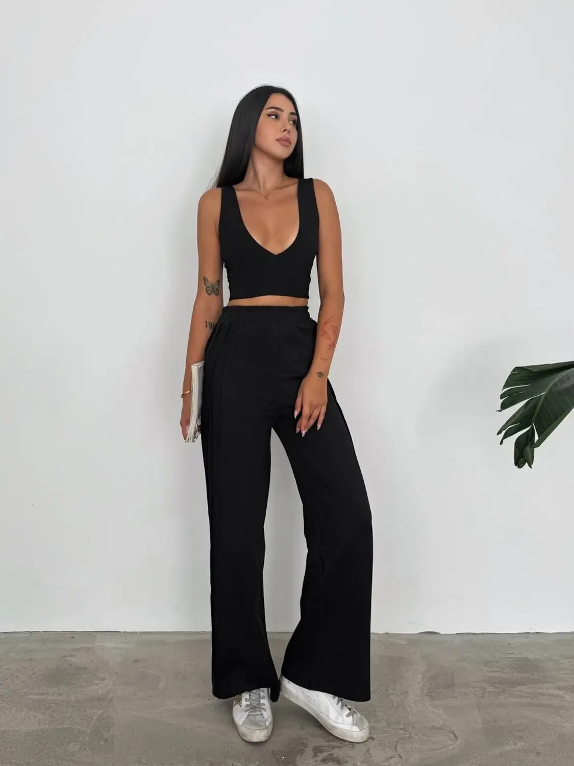 Kadın Siyah Beli Lastikli Şerit Detay 2 iplik Eşofman Altı HZL25S-FRY122251