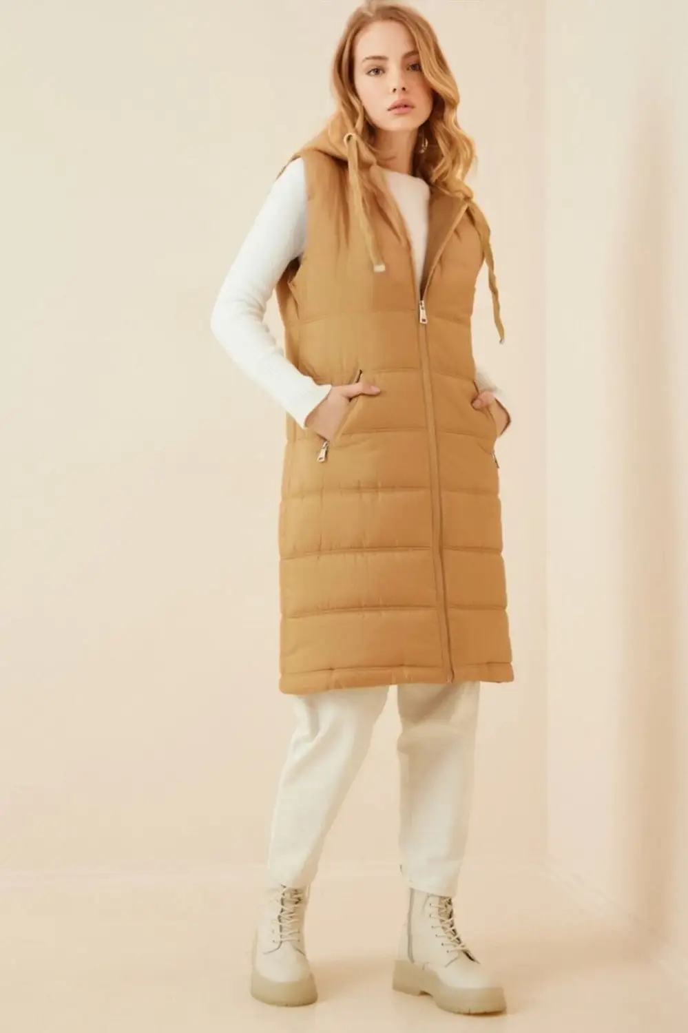 Women's Camel Hard Hooded Lined Long Puffer Vest HZL22W-BD151401