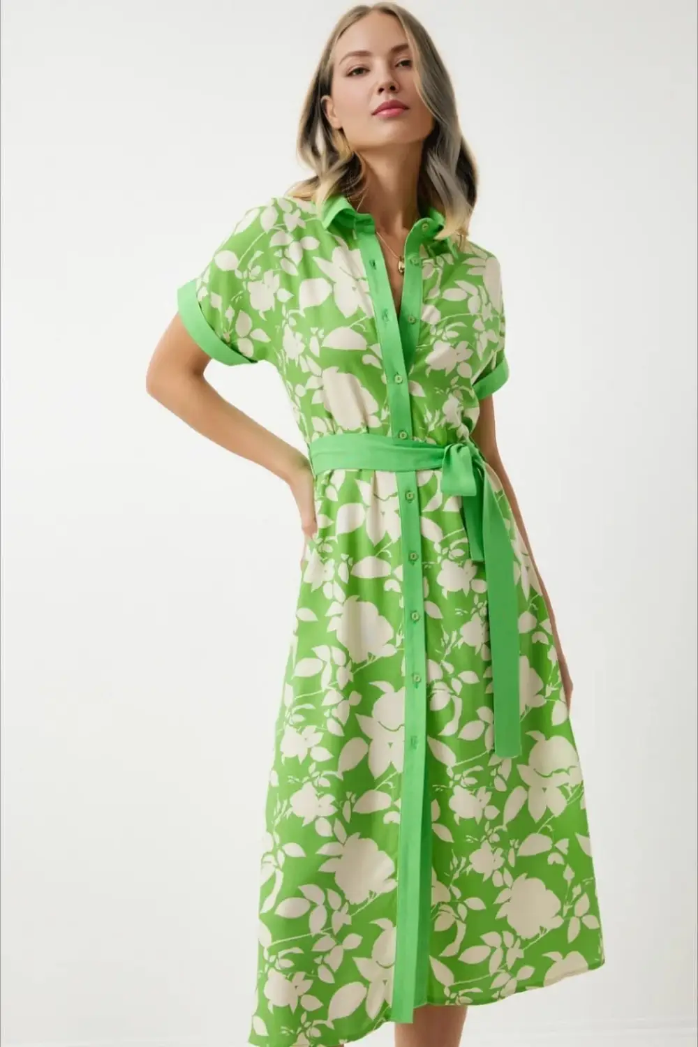 Women's Green Cream Floral Patterned Buttoned Summer Viscose Dress with Belt