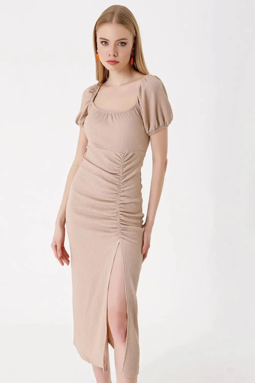 Women's Beige Slit Summer Knitted Dress HZL23S-BD123961