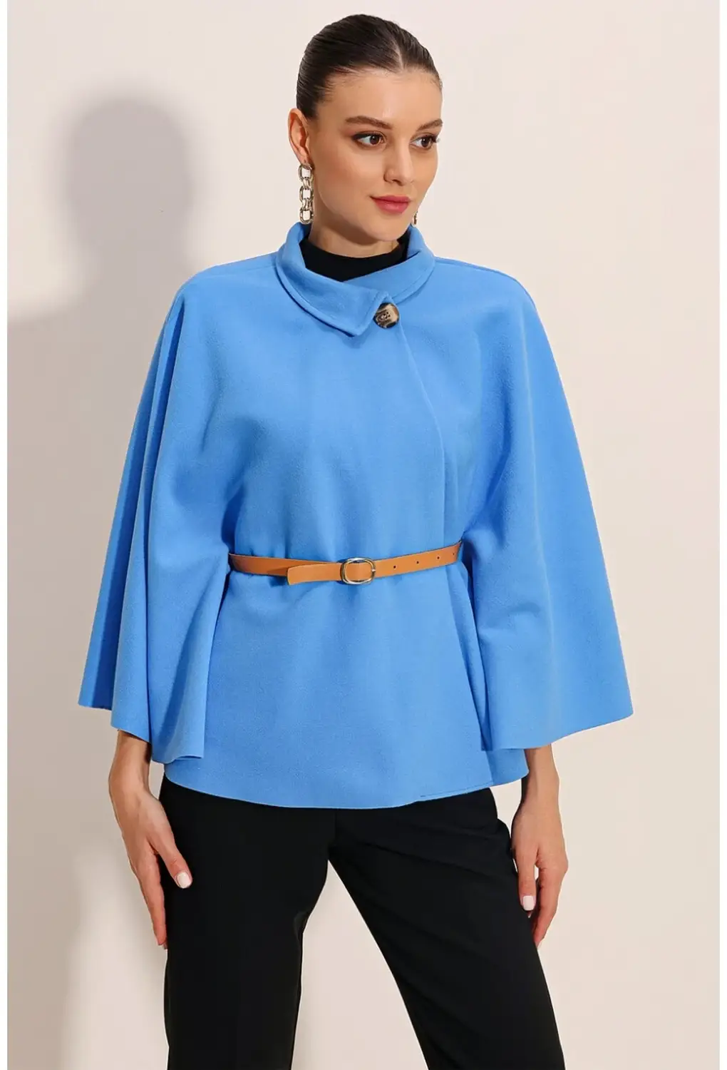 Women's Blue Magnificent Collar Belt Detailed Stash Poncho HZL24W-BD191341