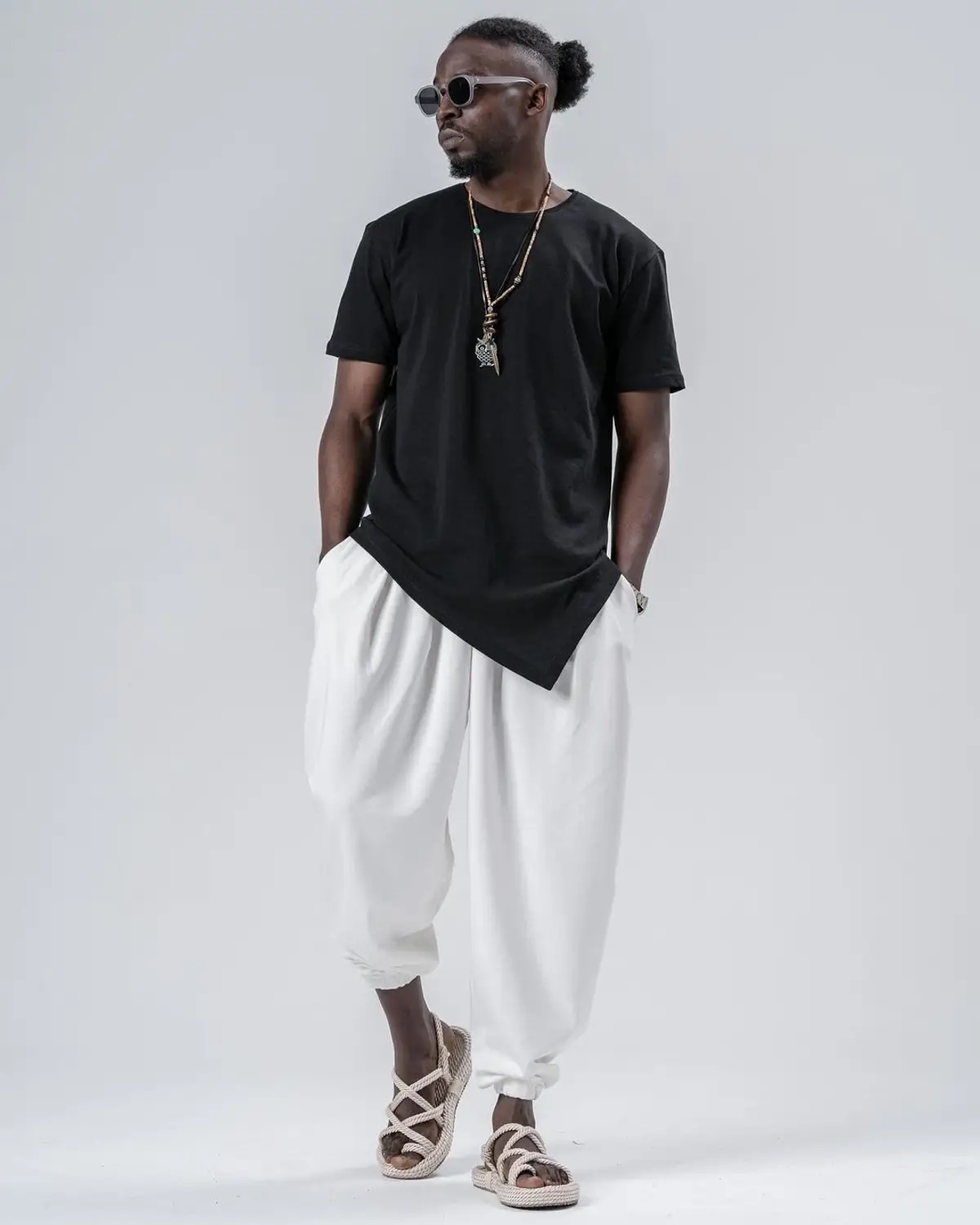 Erkek Beyaz Beli ve Paçası Lastikli Bol Kesim Jogger Eşofman Altı HZL24S-MXC8989-311