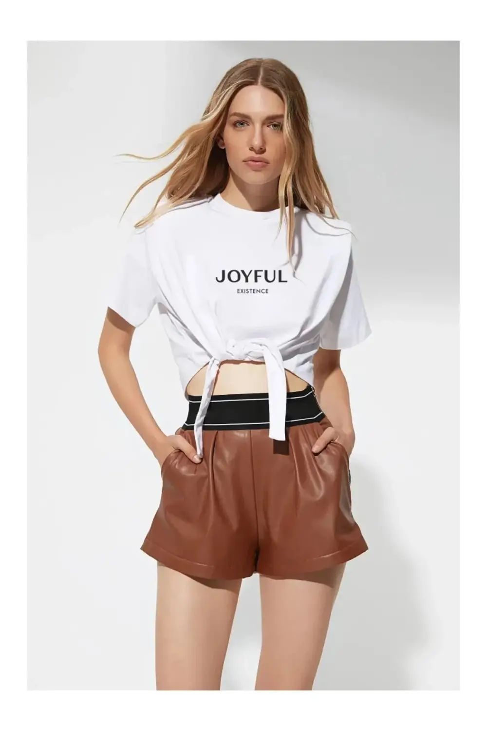 Women's White Text Printed Oversize Padded Waist Detail Knitted T-Shirt HZL23S-DSB120231