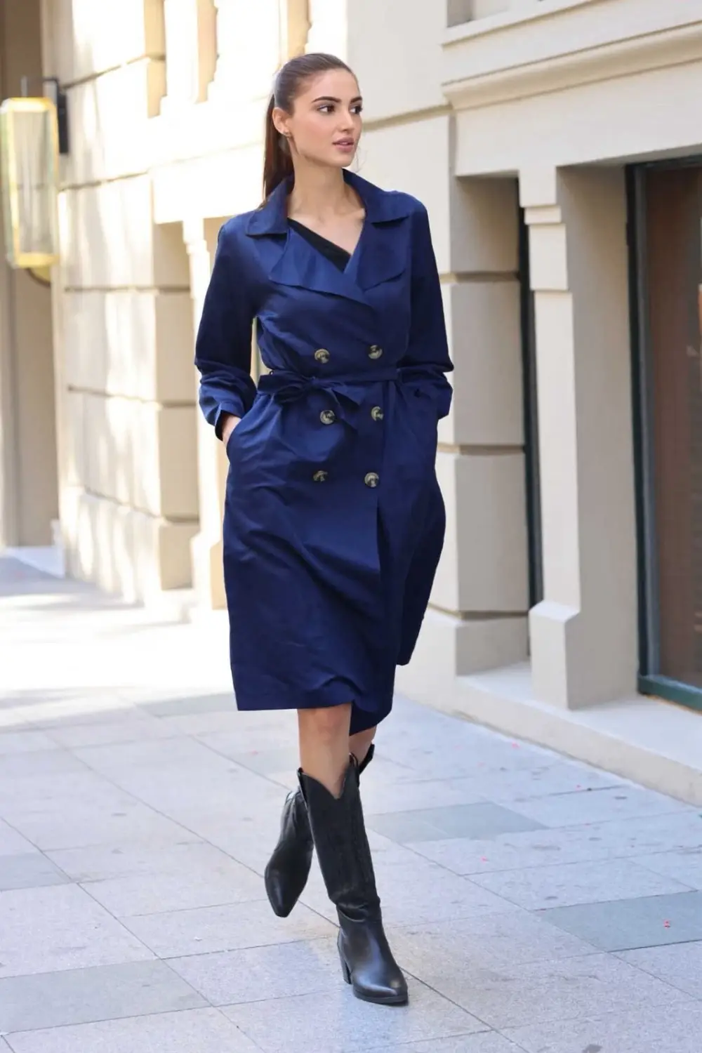 Women's Navy Blue Double Breasted Collar Belted Unlined Seasonal Casual Trench Coat Hzl22s-bd158531