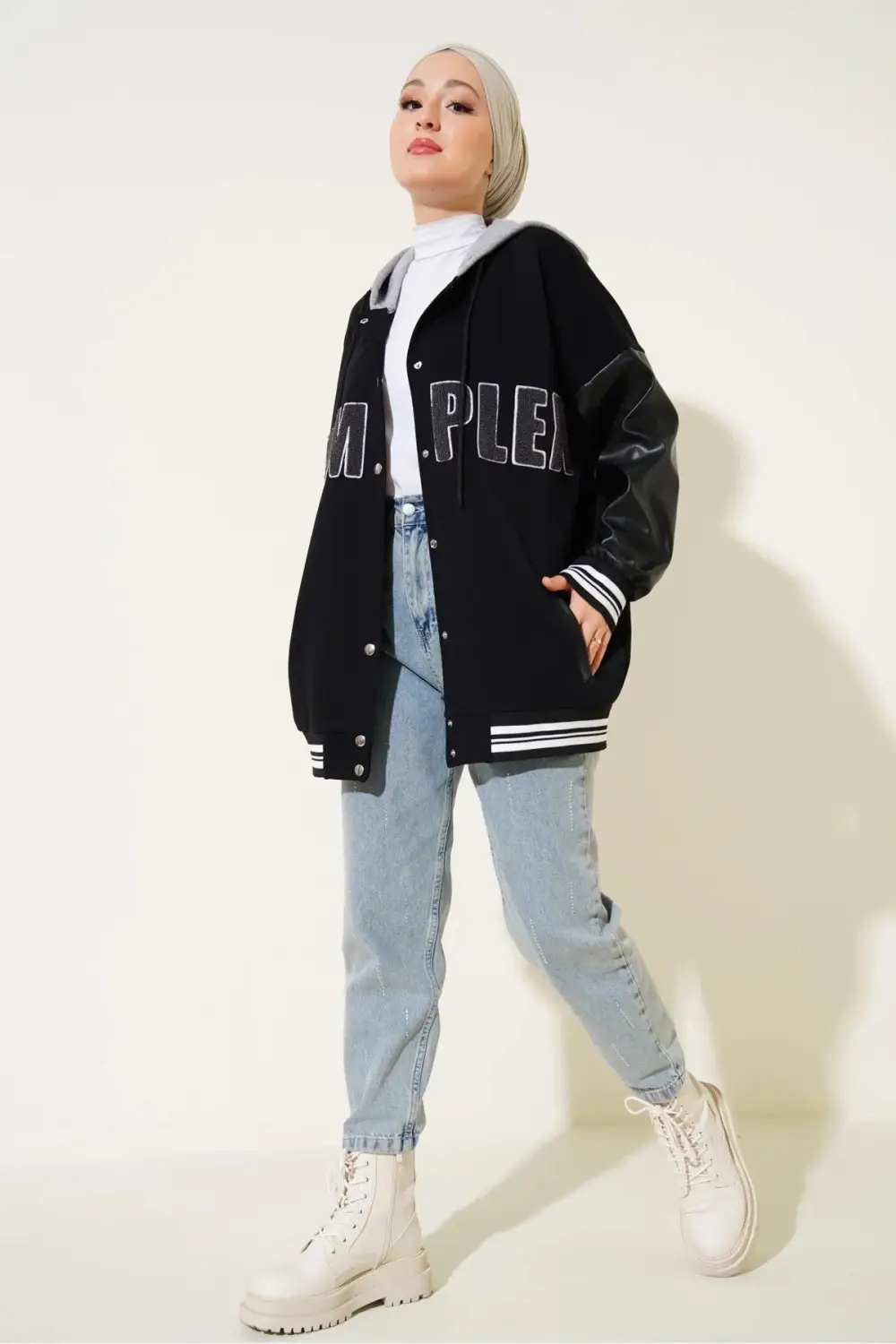 Women's Black COMPLEX Printed Sleeves Faux Leather Hooded College Knitted Coat HZL23W-BD1554261