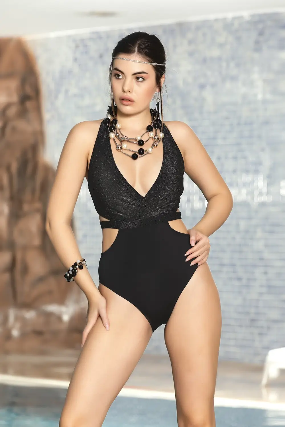 Women's Black Silvery Halter Neck Low-cut Back Lined Swimsuit HZL24S-AR1853