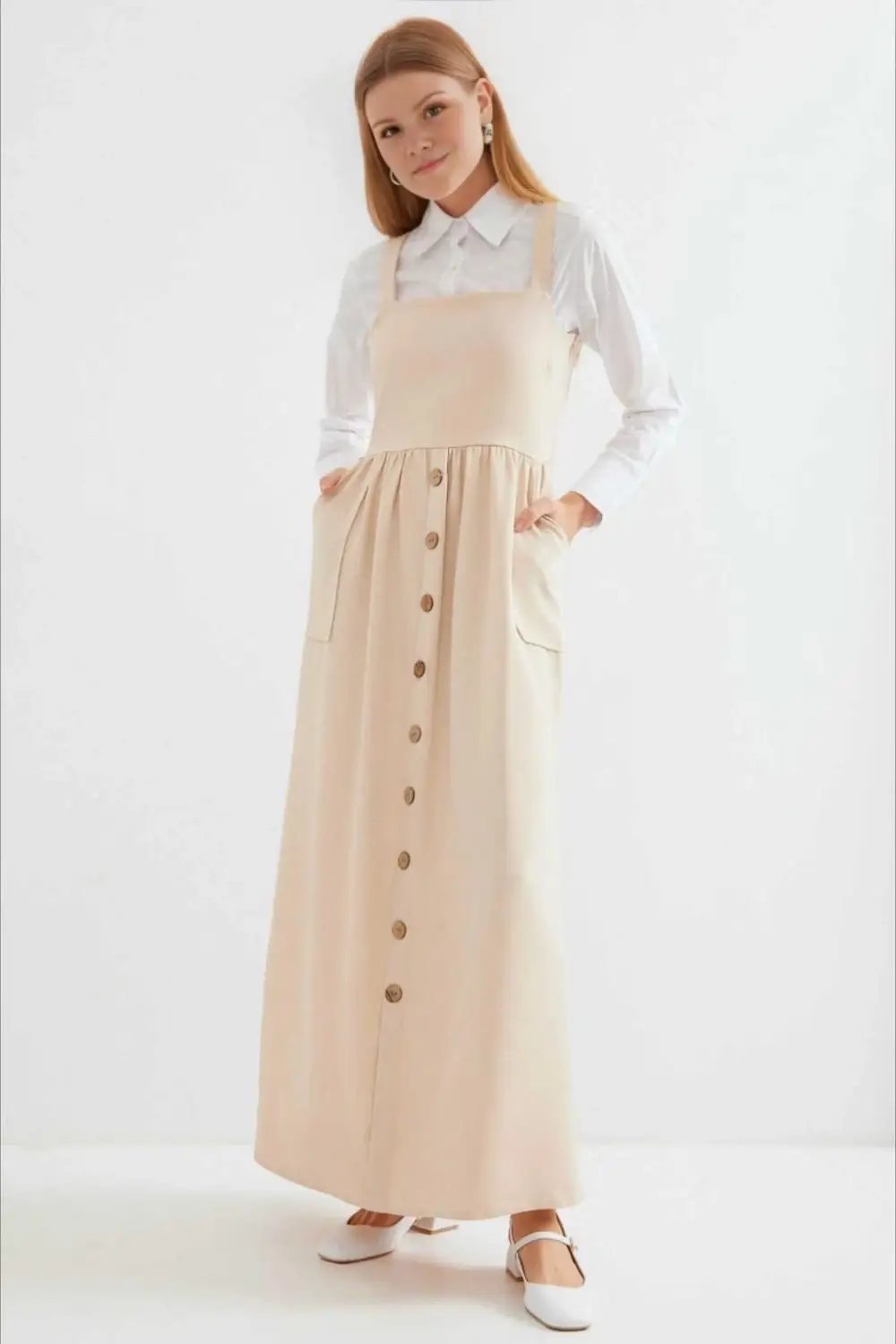 Жіноча бежева довга сукня з кнопками, кишенями та поясом, без підкладки, 97% поліестер, 3% еластан, розміри S-M, L-XL