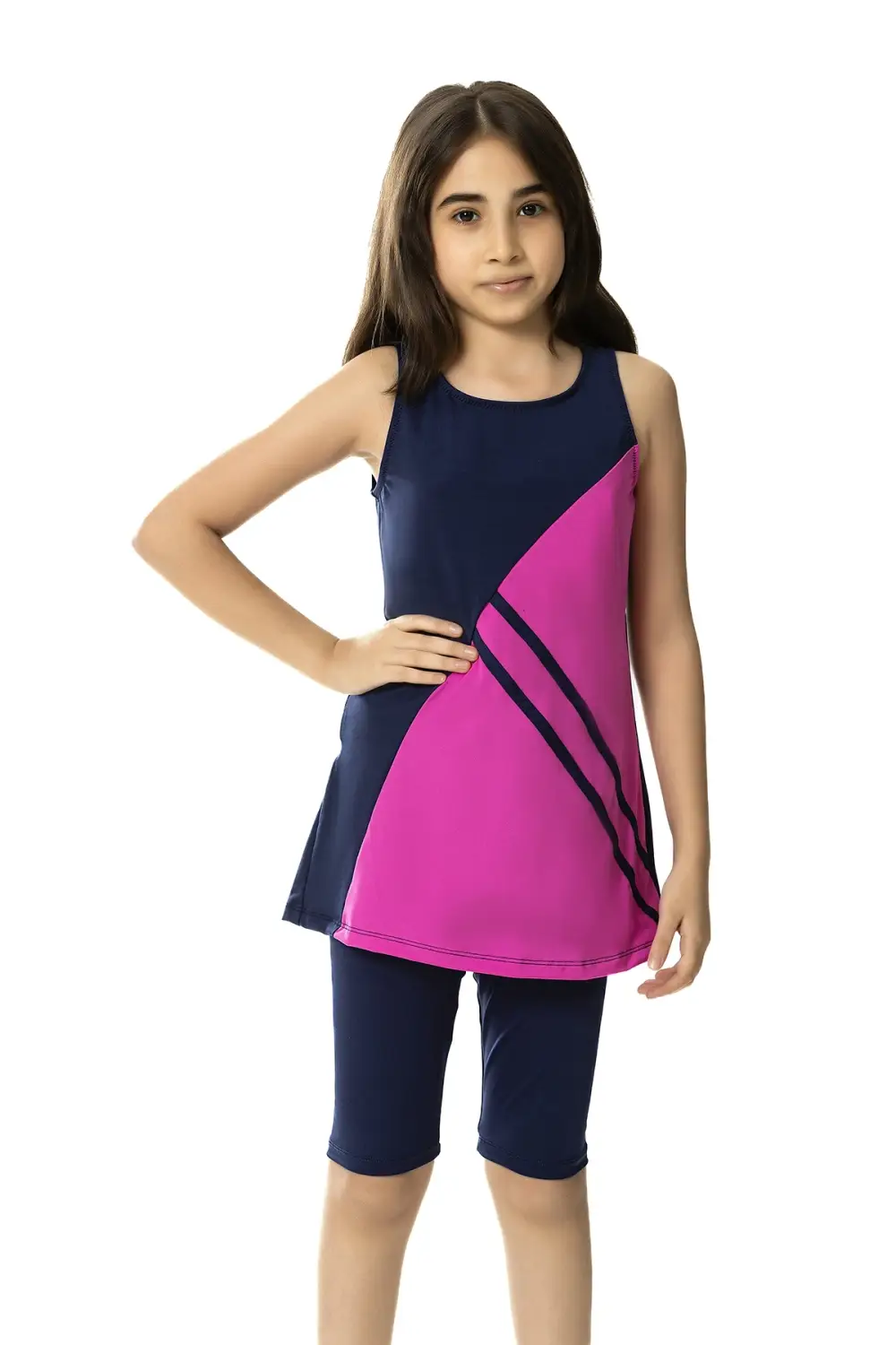 Girl's Navy Blue Fuchsia Detailed 6-13 Years Sleeveless Tights Swimsuit HZL24S-AR1142