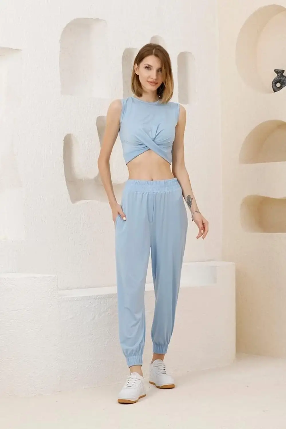 Women's Ice Blue Knotted Front Bottom-Top Double Shalwar Suit HZL23S-SND120141