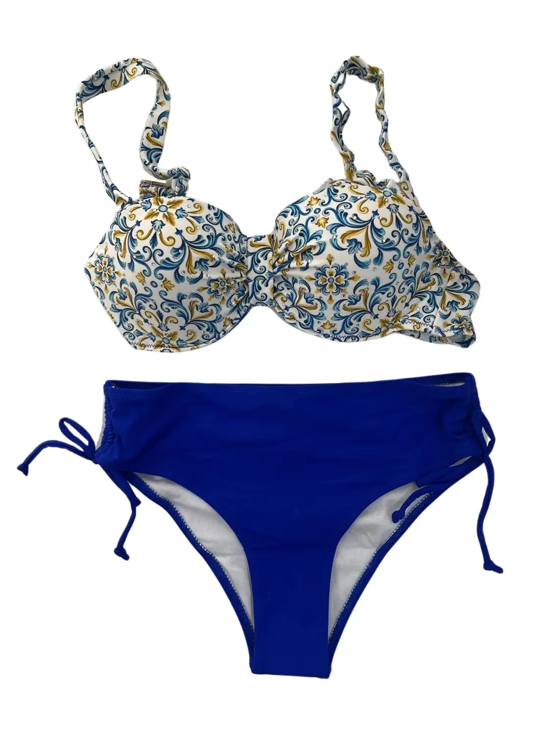 Kadın Mavi Beyaz Desenli Taş İşlemeli  Astarlı Bikini Takım HZL25S-LC3309