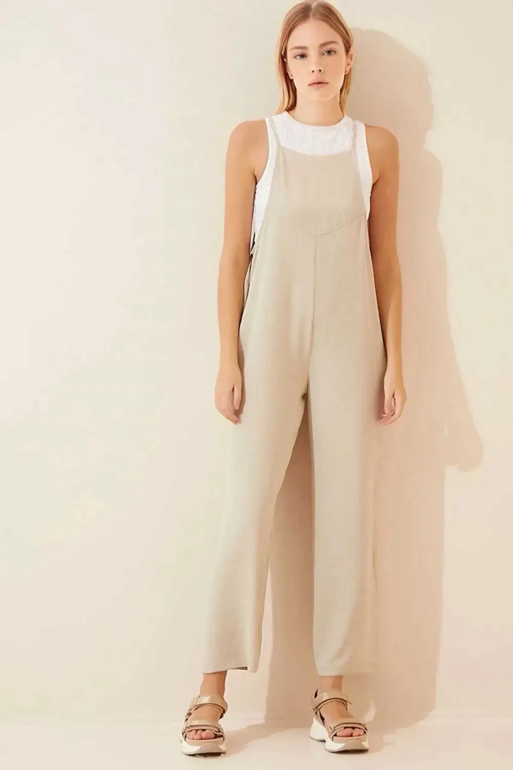 Women's Cream Adjustable Strap Pocket Wide Leg Gardener Overalls HZL22S-BD170191