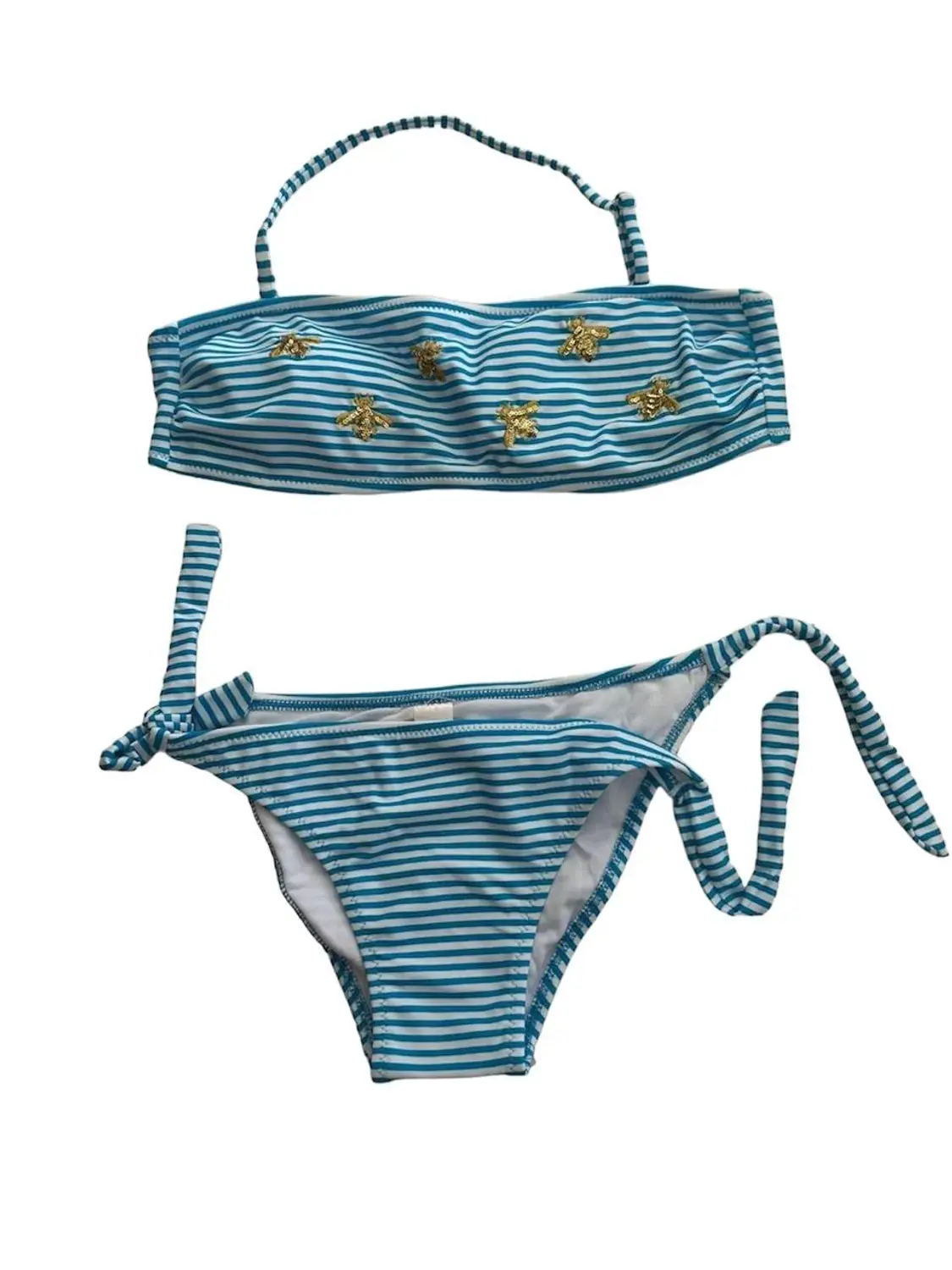Kız Çocuk Mavi Beyaz Çizgili Arı Çıkartmalı 4-12 Yaş Straplez Bikini Takım HZL24S-LC3228