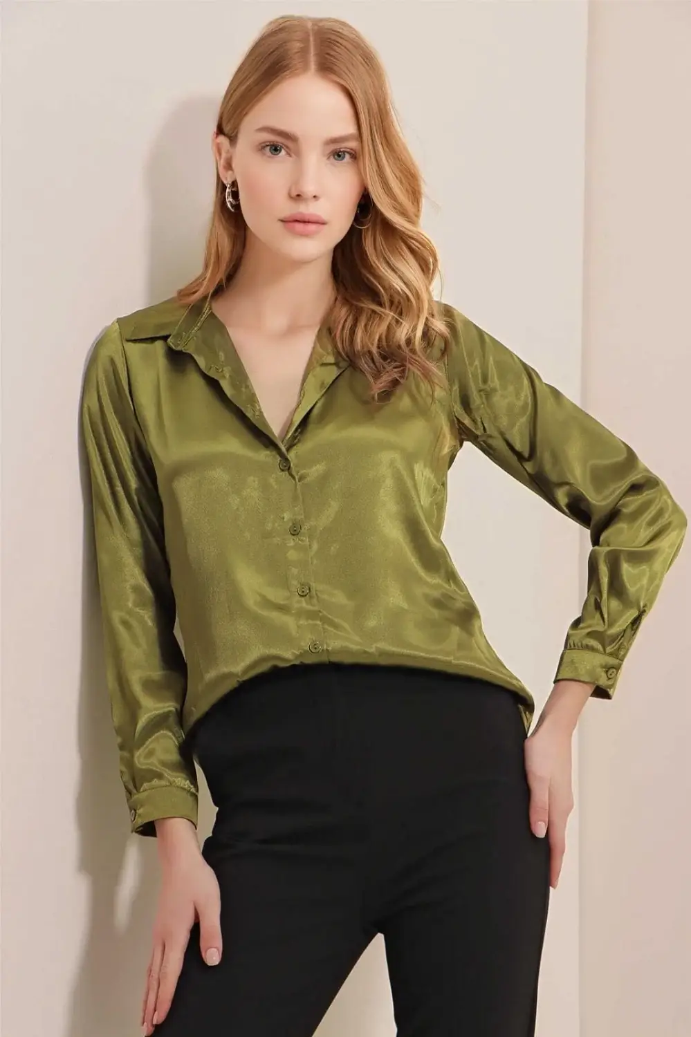 Women's Oil Green Lightly Flowing Satin Surface Shirt HZL22W-BD139641