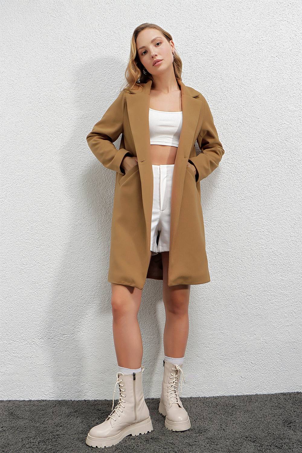 Women's Mustard Single Button Double Pocket Lined Stylish Cashmere Coat HZL23W-BD190851