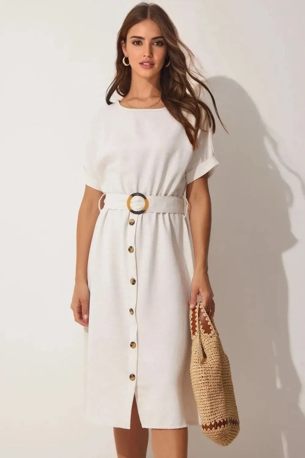 Women's Cream Belted Buttoned Summer Linen Viscose Dress HZL23S-BD123891