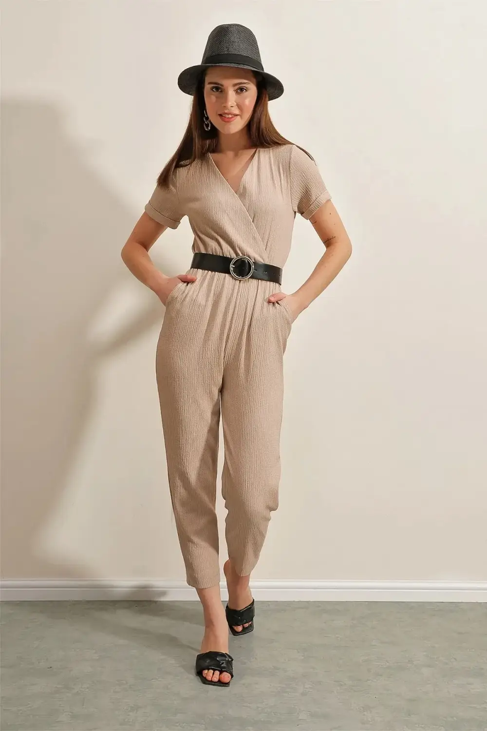 Women's Beige Elastic Waist V-Neck Leather Belt Knitted Jumpsuit HZL23S-BD170221