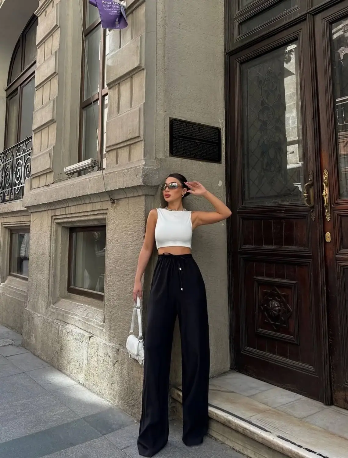 Women's Black High-Waisted Adjustable Waist Wide Leg Pants with Pockets