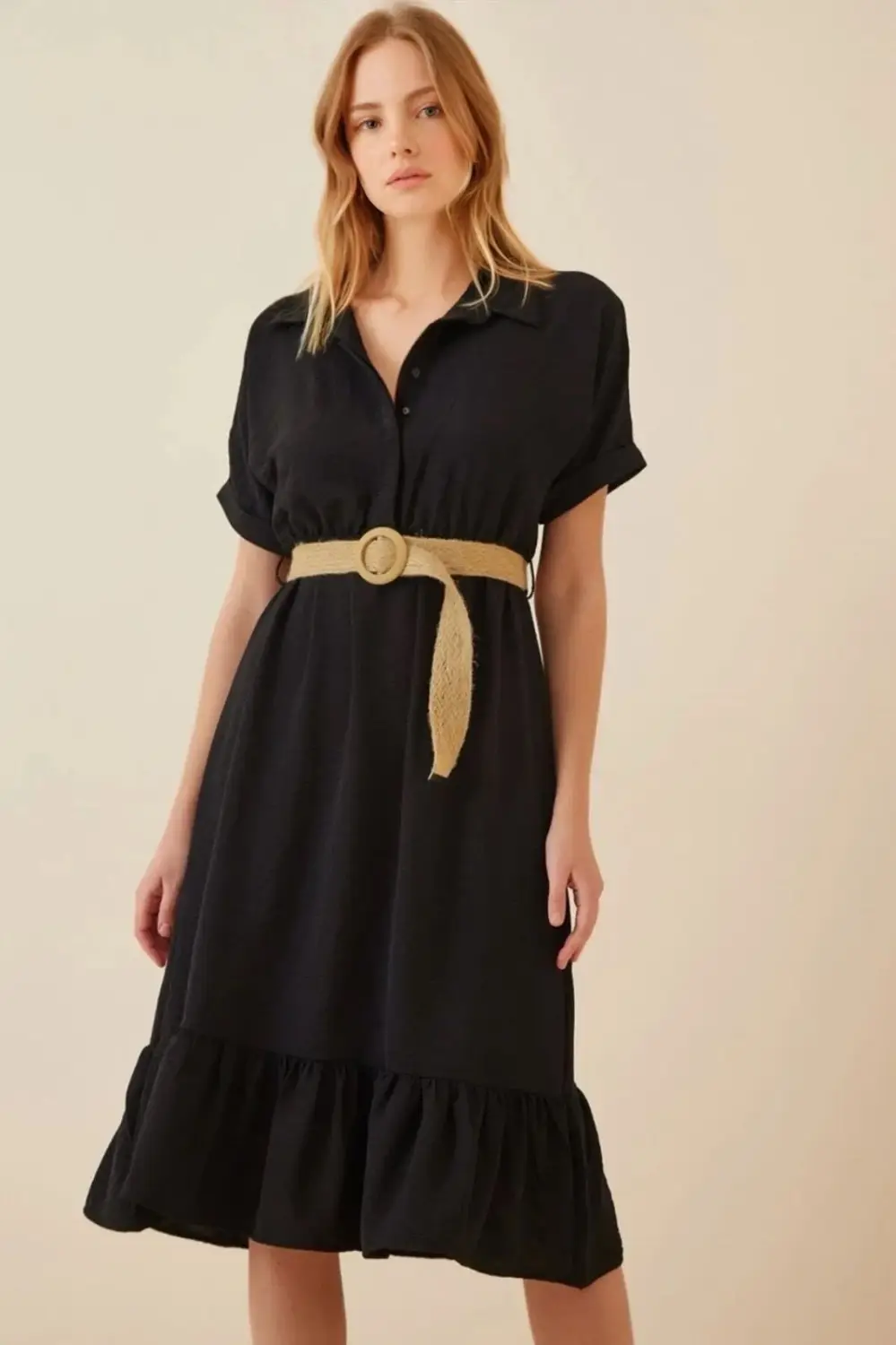 Women's Black Shirt Collar Buttoned Straw Belted Ayrobin Dress HZL22S-BD122921