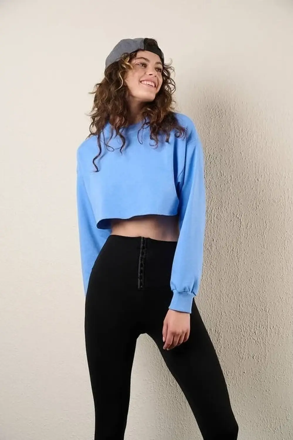 Women's Blue Basic Crew Neck Long Sleeve Crop Sweatshirt, 95% Cotton, Low Shoulder Design, Available in Sizes 34-40