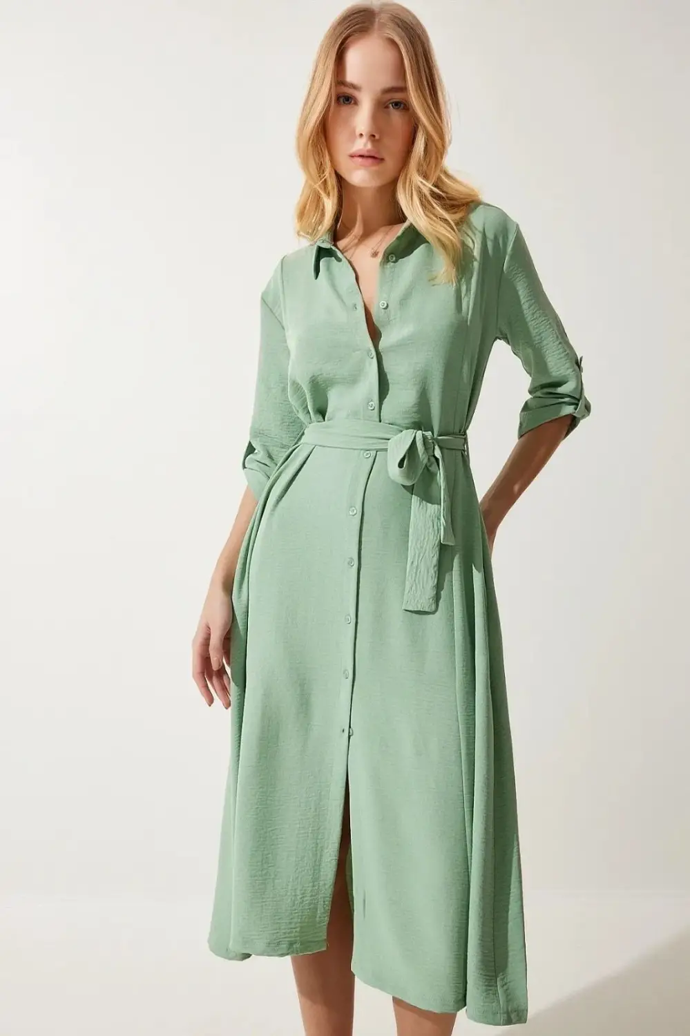 Women's Çağla Green Hidden Pocket Belted Viscose Shirt Dress HZL24S-BD124421