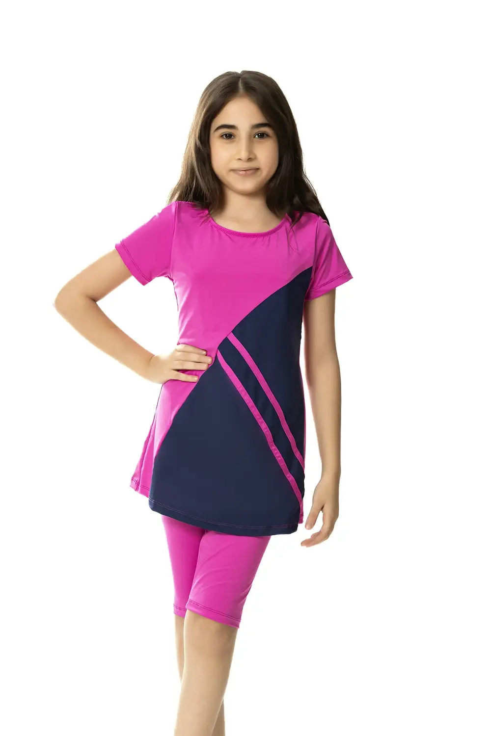 Kız Çocuk Fuşya Lacivert Renk Bloklu 6-13 Yaş Yarım Kol Taytlı Mayo HZL24S-AR1172-10