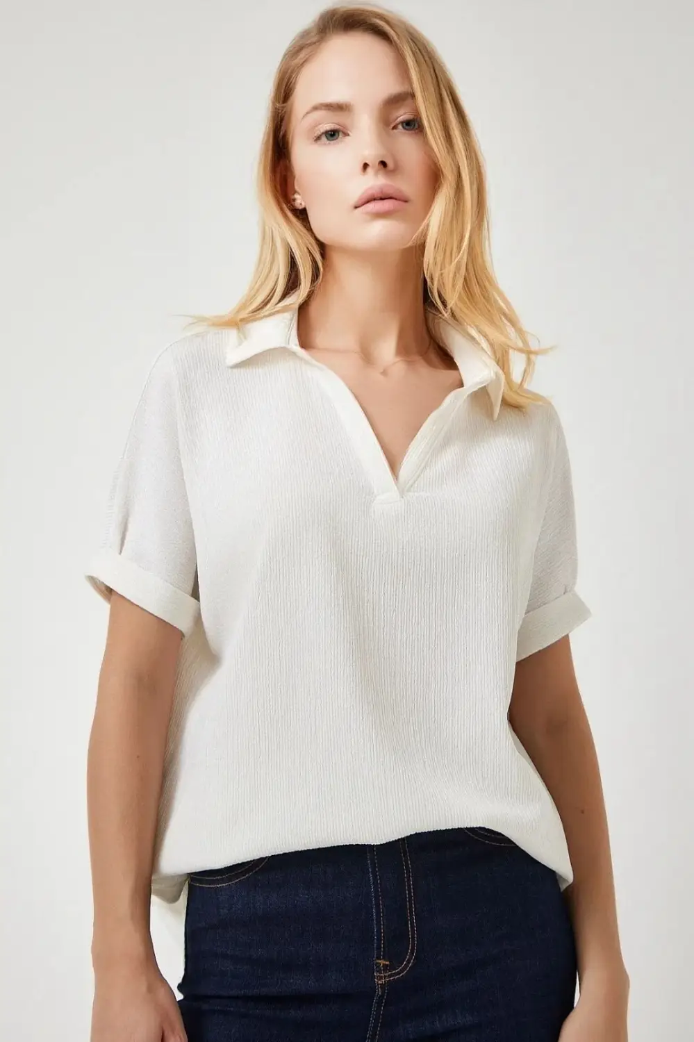 Women's Ecru Polo Neck Wide Cut Knitted Blouse HZL24S-BD104861