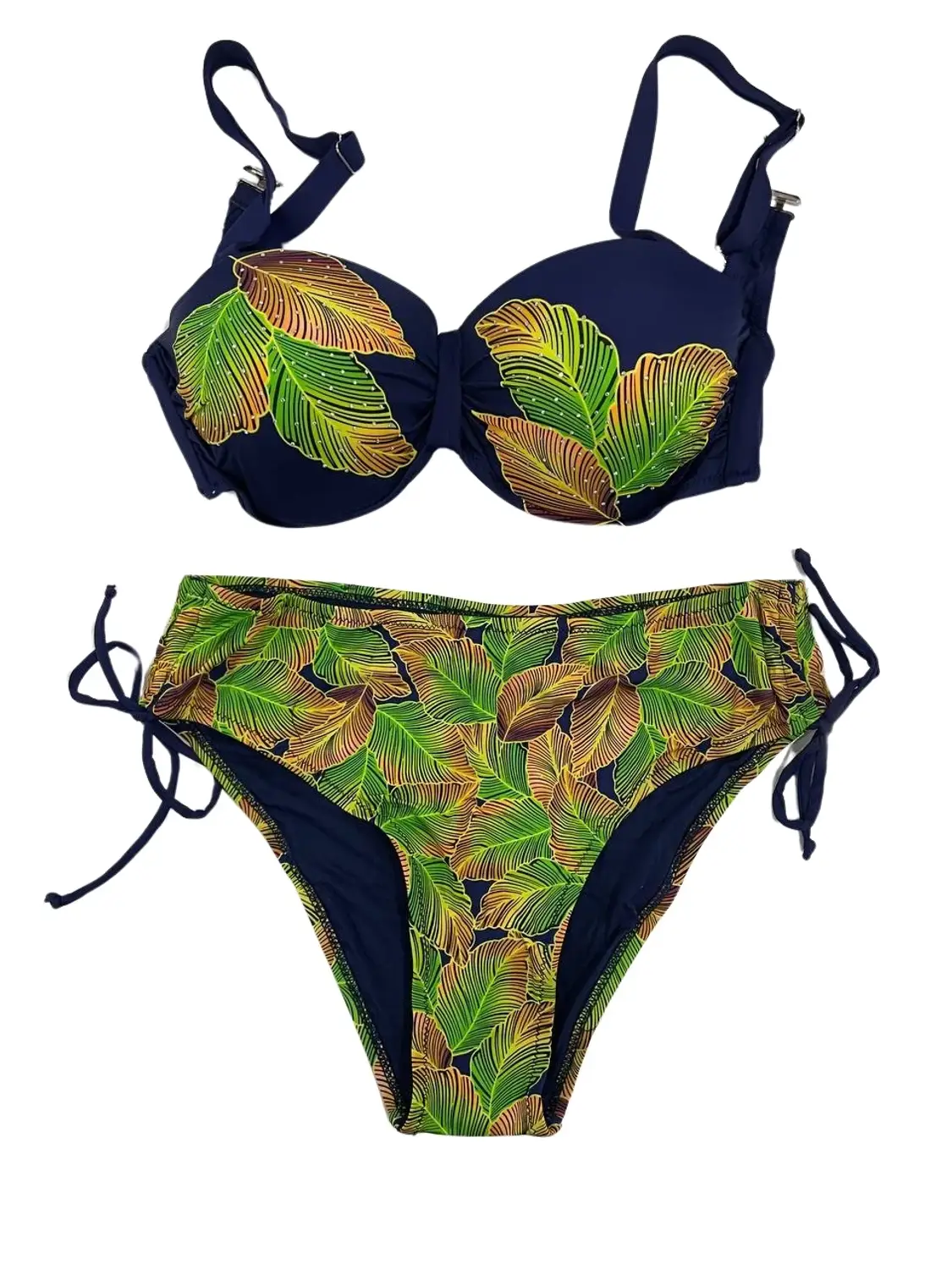 Kadın Lacivert Yaprak Desenli Taş İşlemeli Astarlı Bikini Takım HZL25S-LC3305