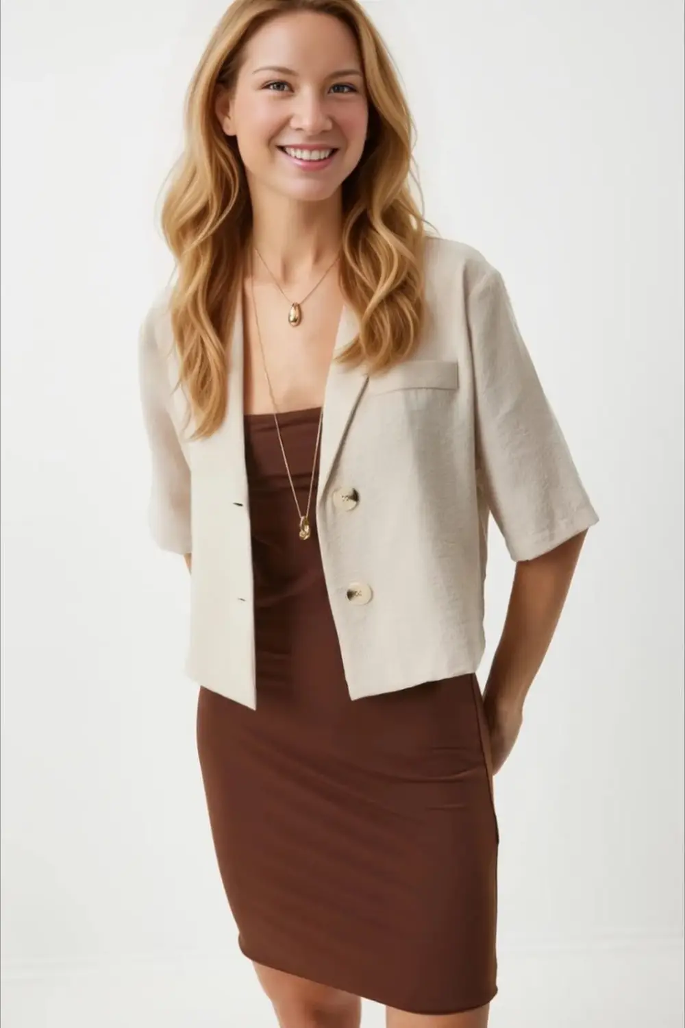 جاكيت قصير الأكمام بياقة شال مع زر للنساء من كتان بيج، تصميم عصري للربيع والخريف، خامة مريحة ومناسبة للأجواء المتغيرة