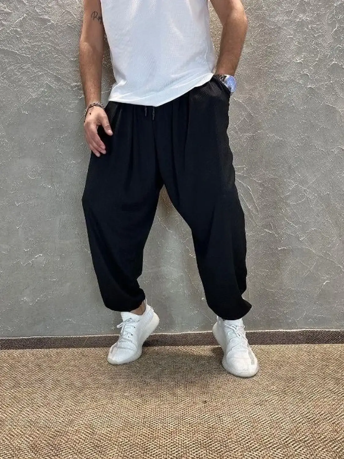 Мужские черные широкие джоггеры с эластичной талией и манжетами, комфортная ткань, 100% хлопок, размеры 36-44