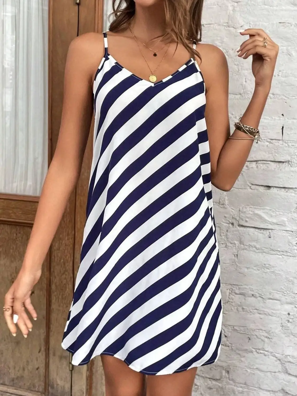 Women's White and Blue Striped Spaghetti Strap Digital Print Unlined Mini Dress