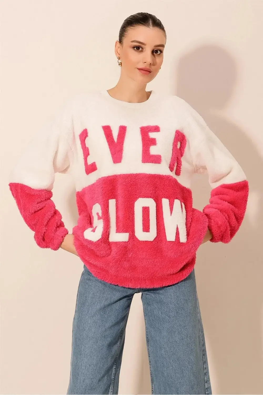 Women's Fuchsia White Block EVER SLOW Printed Comfortable Plush Sweatshirt HZL23W-BD1554781