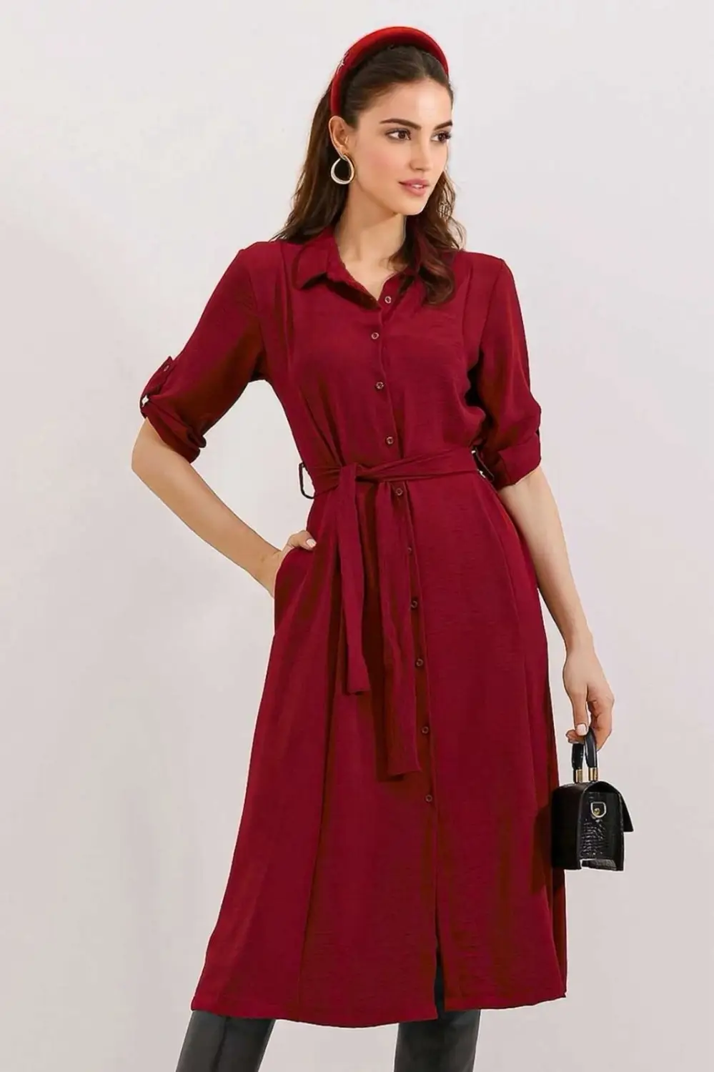 Women's Burgundy Hidden Pocket Belted Viscose Shirt Dress HZL24S-BD124421