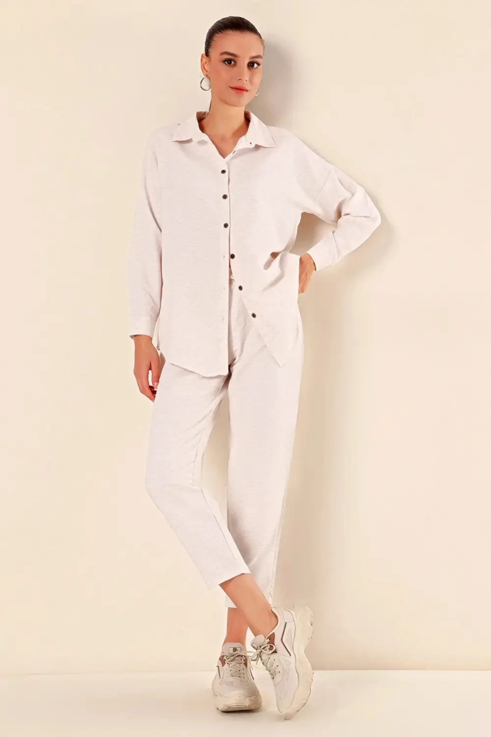 Women's Cream Linen Shirt and Trousers Bottom-Top Double Suit HZL23W-BD166221