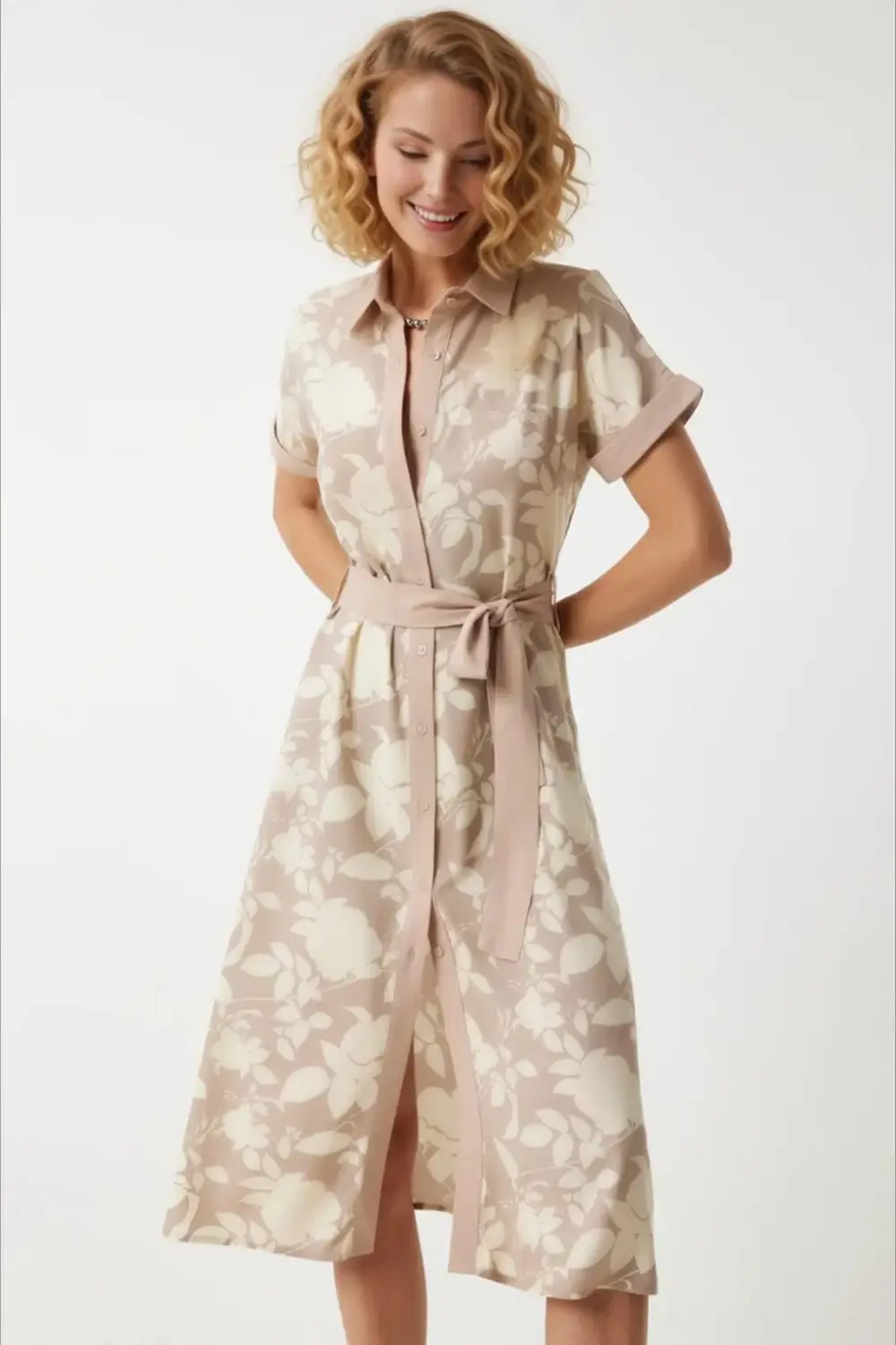 Women's Cream Buttoned Floral Print Belted Viscose Summer Dress Limited Sizes Available