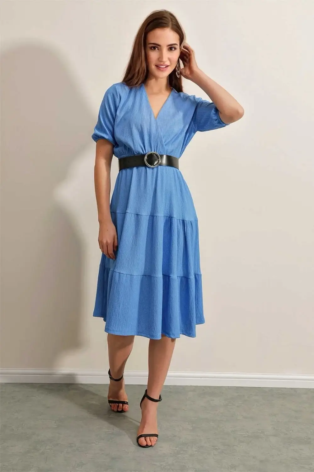 Women's Blue V-Neck Elastic Waist Black Belted Knitted Dress HZL23S-BD123771