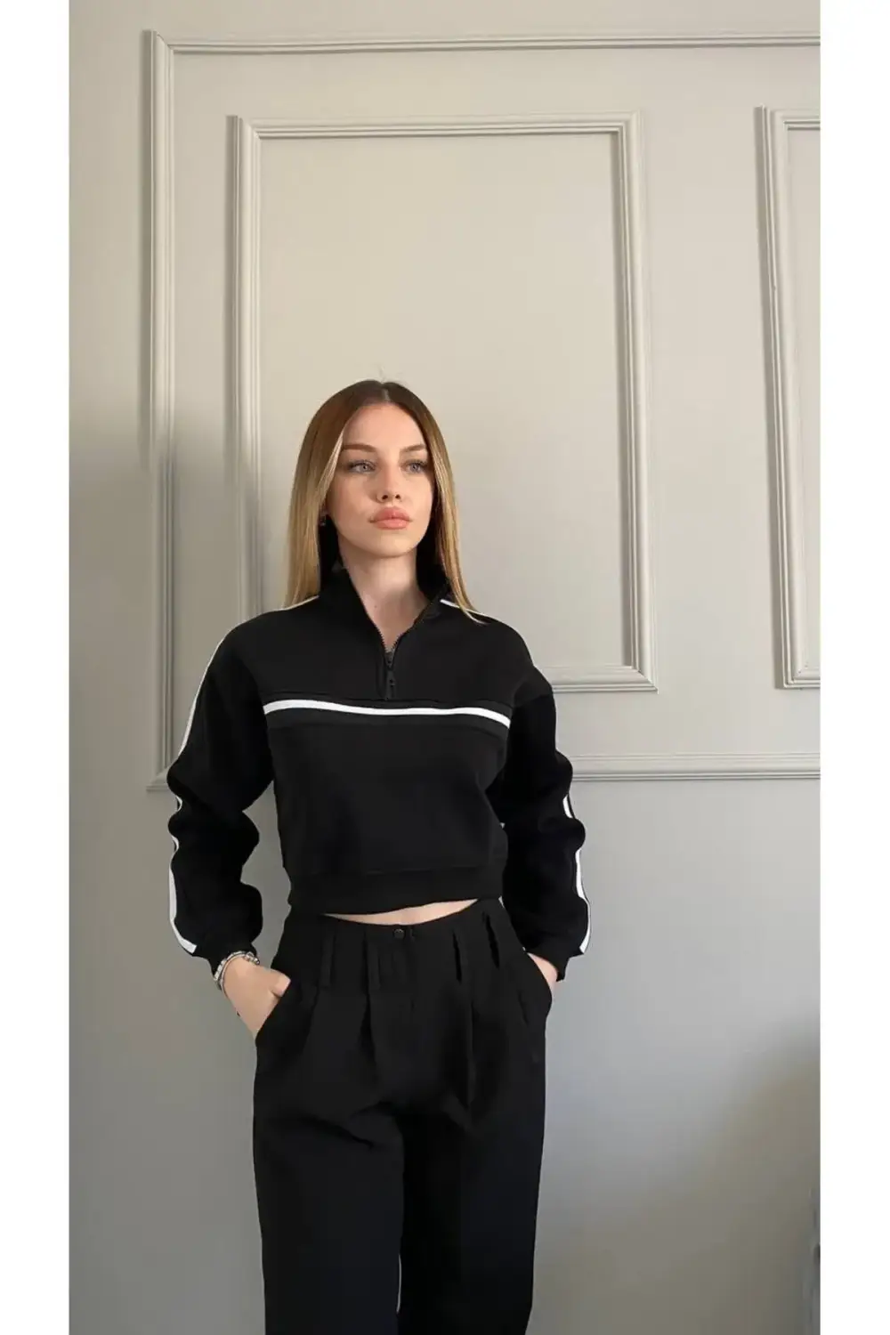 Women's Black and White Striped Zippered Neck Sweatshirt with Fleece Lining - 65% Cotton, 35% Elastane, Ribbed Cuffs and Hem, Various Sizes