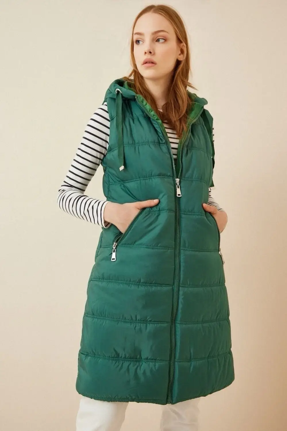 Women's Emerald Green Hard Hooded Lined Long Puffer Vest HZL22W-BD151401