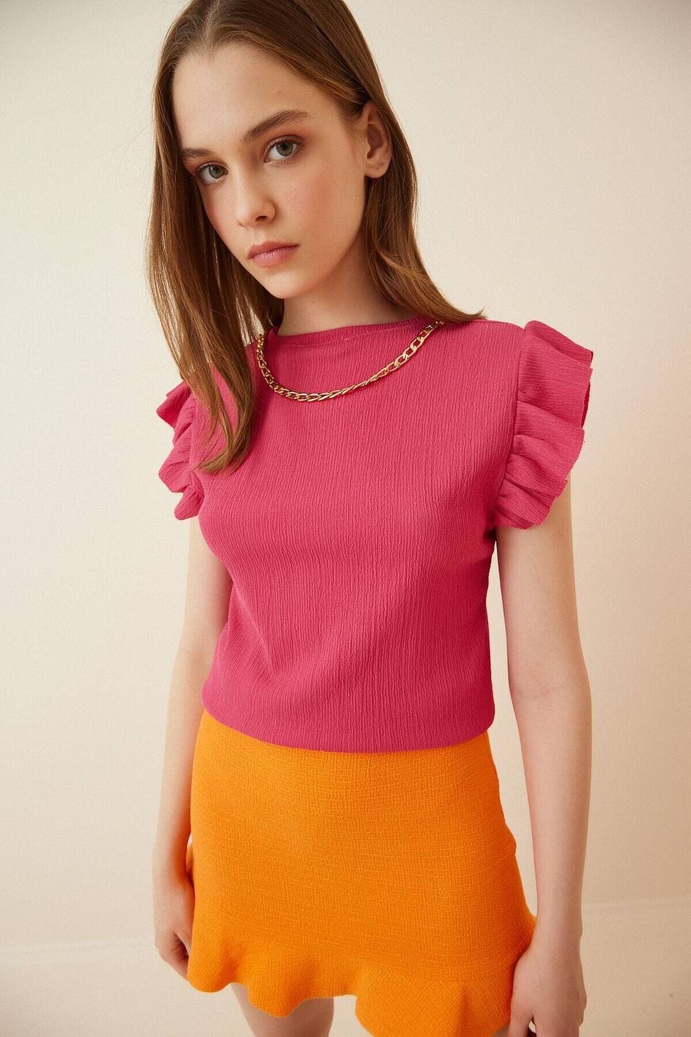 Women's Dark Pink Ruffle Sleeve Knitted Blouse with Chain Necklace HZL22S-BD104301